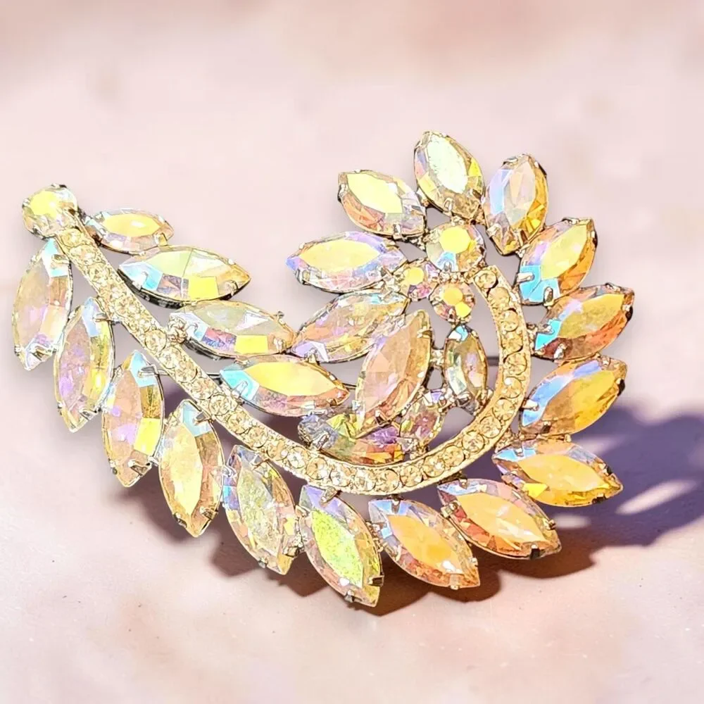 VTG AB Rhinestone Floral Leaf Brooch Pin Large 3